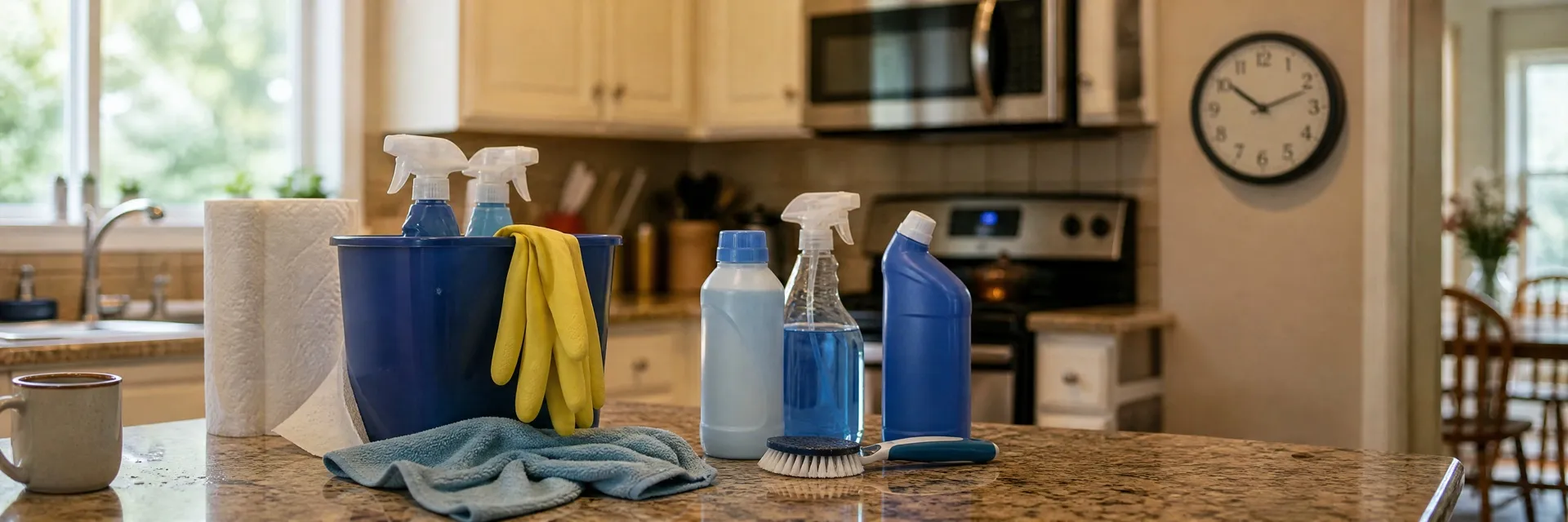Cleaning supplies in a bucket on a kitchen counter, with a clock on the wall